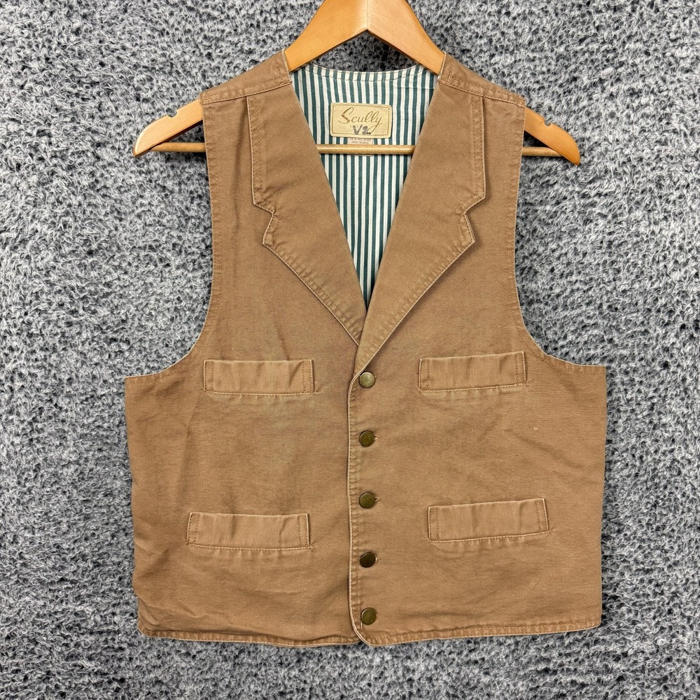 Scully Vest Mens Medium Brown Canvas Western Lined Belted Back Pockets Cowboy